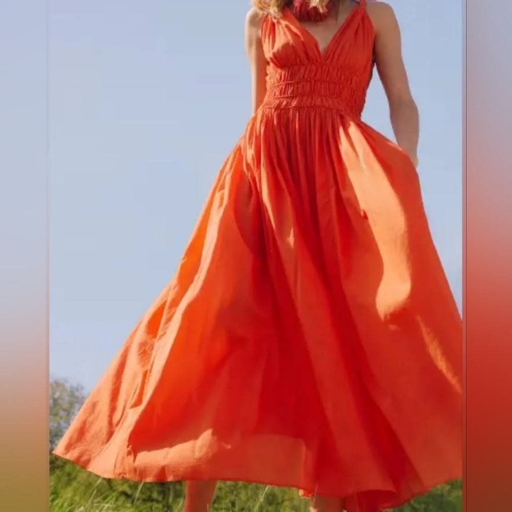 H&M SMOCKED-WAIST MAXI DRESS BRIGHT RED Cotton NWT